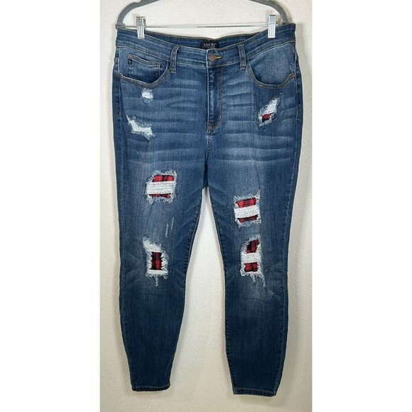 Judy Blue Denim - Judy Blue Plus 16W Distressed Skinny Buffalo Plaid Print Patch Jeans Medium Wash